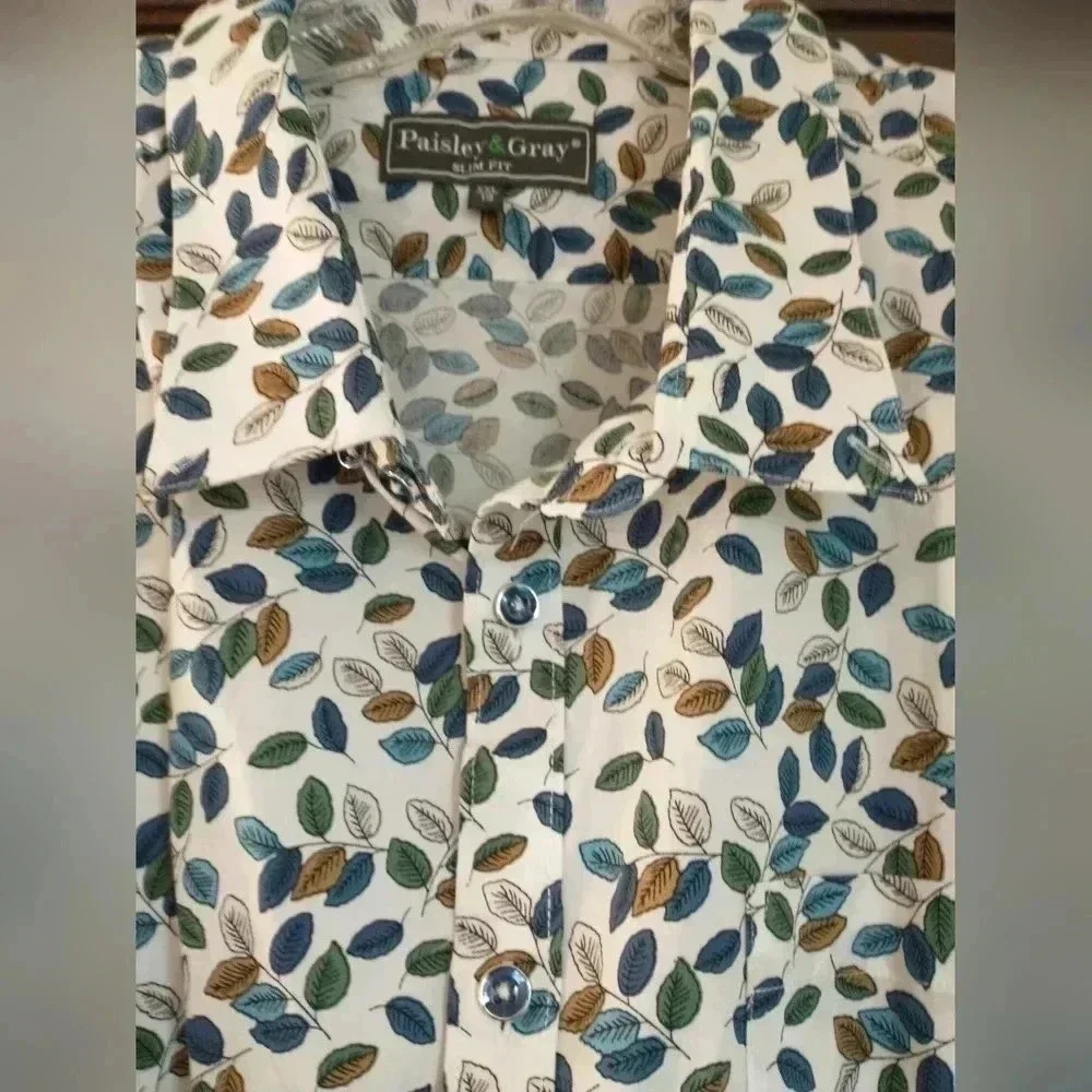 Men's Paisley & Gray Button Down Shirt with Leaves Size 19 XXL Slim Fit - Picture 6 of 8